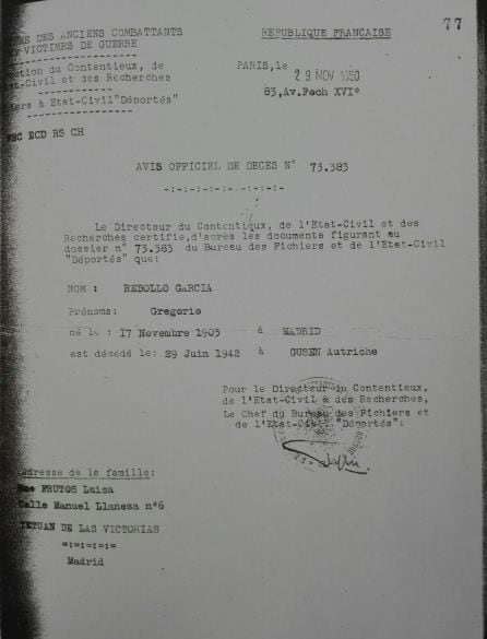 Acta de Defunción de Gregorio Rebollo extendida por la República Francesa en 1950. Figura como deportado muerto en el Campo de Concentración Mauthausen-Gusen