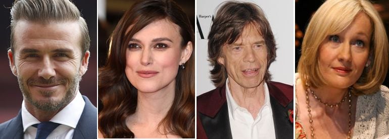 De izquierda a derecha: David Beckham, Keira Knightley, Mick Jagger y J.K. Rowling