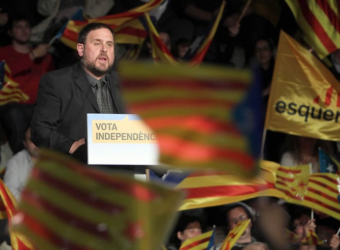 El candidto de ERC a la presidencia de la Generalitat, Oriol Junqueras, durante el acto de inicio de campaña electoral