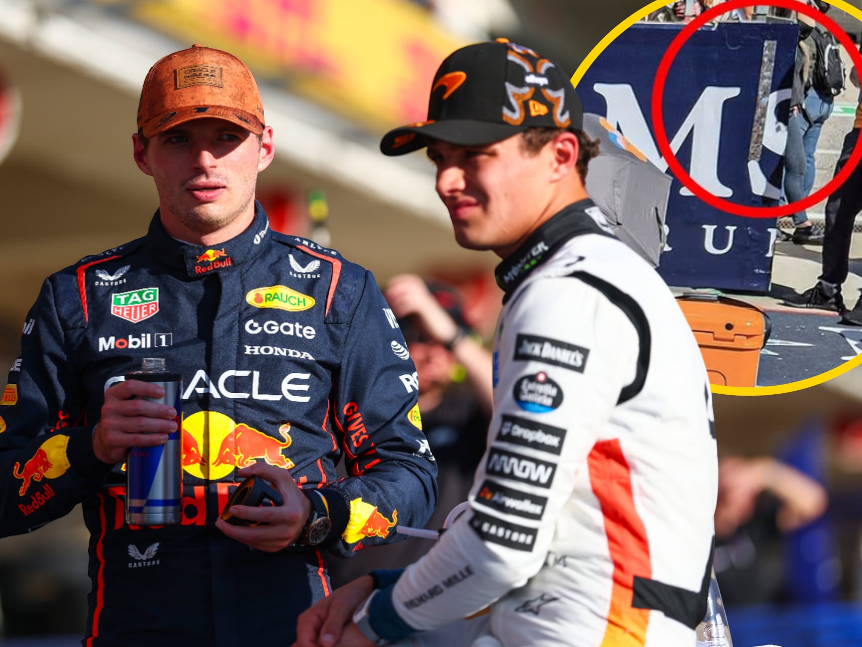 Lando Norris y Max Verstappen, junto a una imagen del trozo de cinta adhesiva