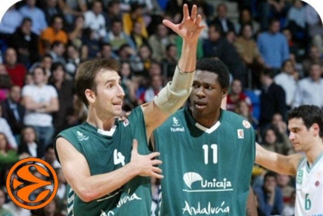 Pepe Sánchez, junto a Pietrus, en un partido con el Unicaja