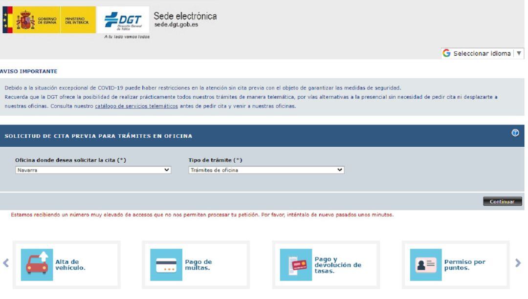 Imagen que muestra la página de Tráfico al tratar de hacer gestiones en Navarra.
