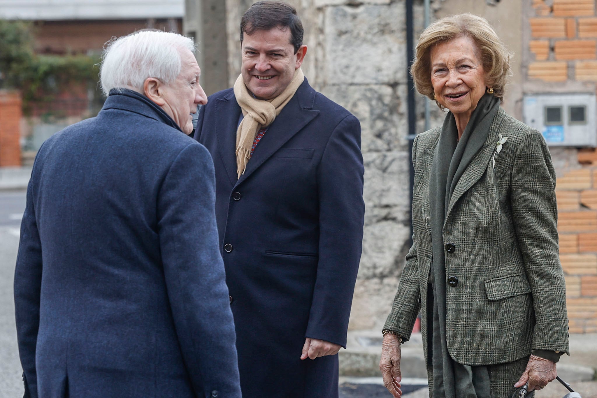 IBEAS DE JUARROS (BURGOS), 10/12/2024.- La reina doña Sofía asiste a la reunión extraordinaria del Patronato de la Fundación Atapuerca junto al presidente de la Junta de Castilla y León, Alfonso Fernández Mañueco (c), y al presidente de la Fundación Atapuerca, Antonio Méndez Pozo (i), este martes en Ibeas de Juarros (Burgos). EFE/Santi Otero
