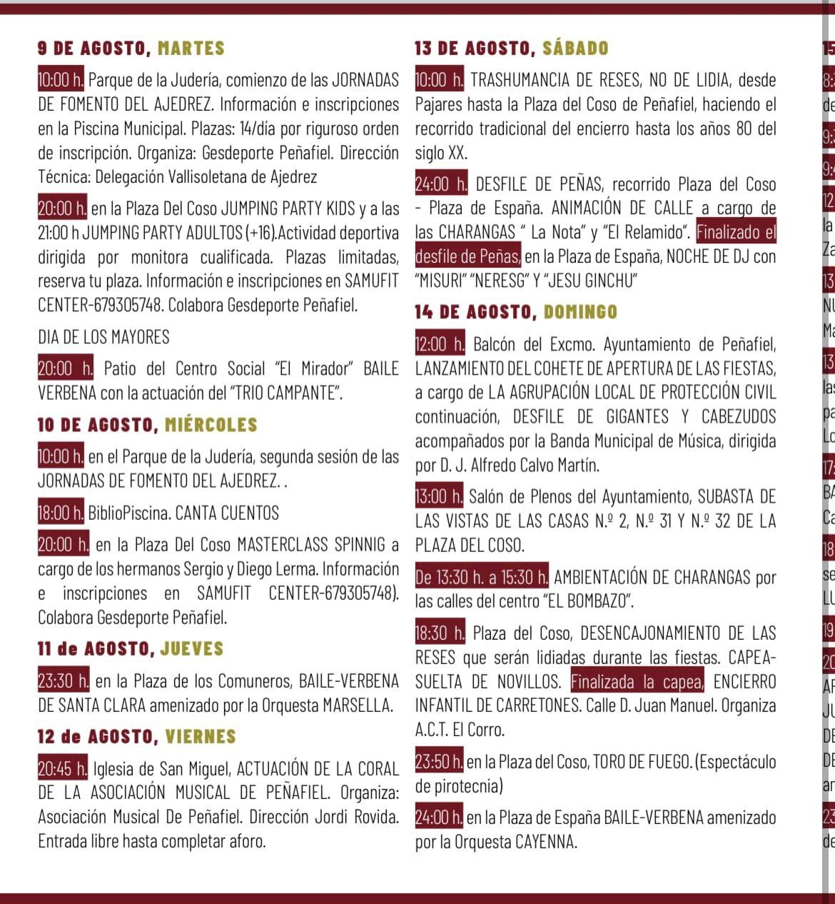 Parte del programa de fiestas de Peñafiel hasta el domingo 14 de agosto