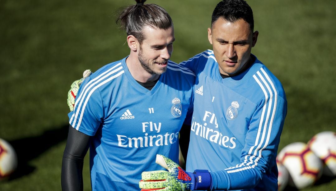 Gareth Bale y Keylor Navas, en un entrenamiento del Real Madrid.