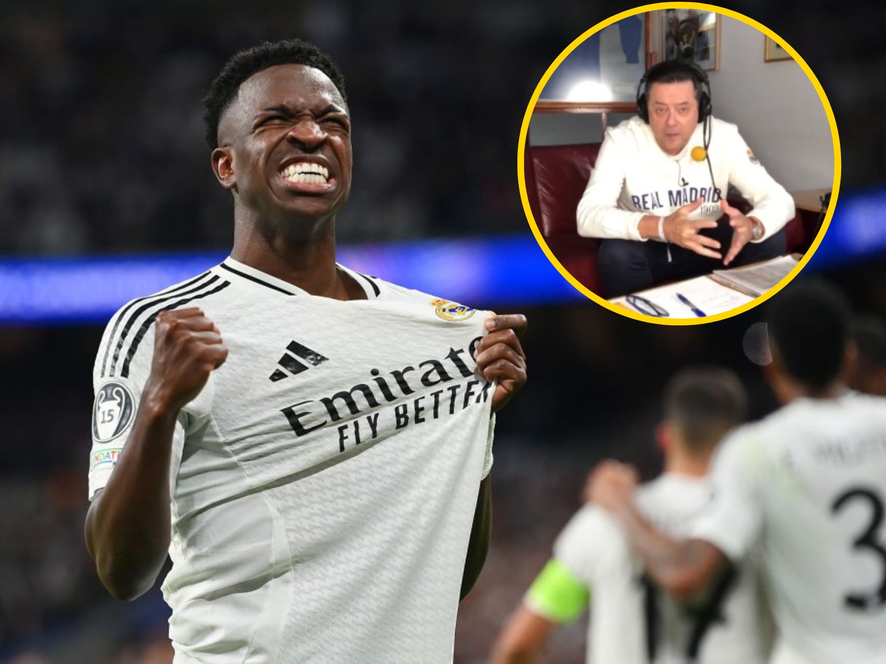 Vinicius celebra un gol, mientras que Tomás Roncero se encuentra en el circulo superior