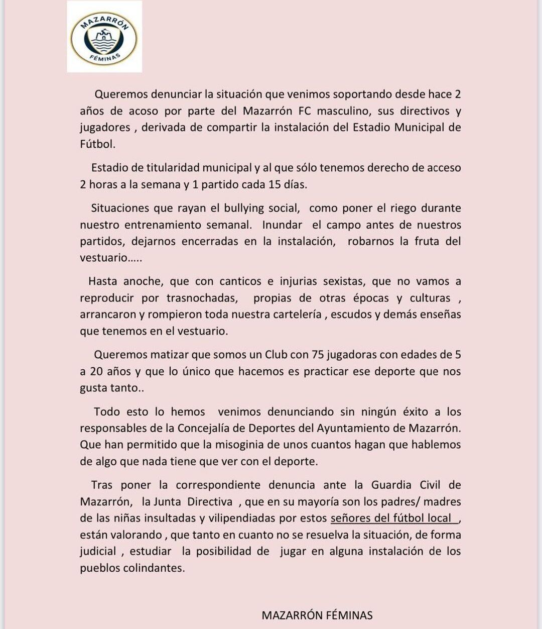 Primer comunicado del Mazarrón Féminas