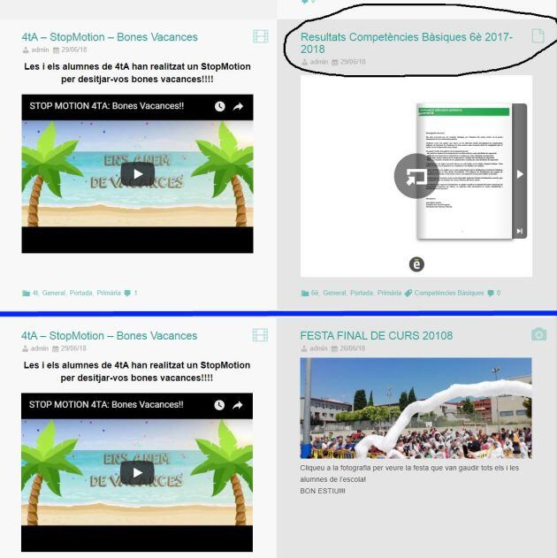 Una pàrina web d'un centre, amb els resultats de les proves de competències...que han estat retirats després de l'ordre d'Ensenyament. La fesxta de fi de curs ocupa ara l'espai