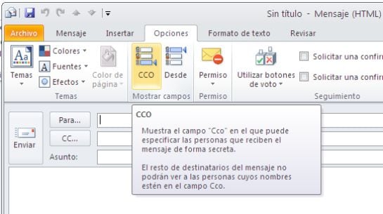 La opción &#039;CCO&#039; se encuentra deshabilitada por defecto en Outlook