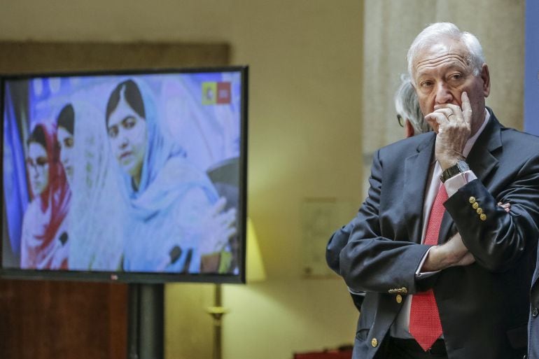 El ministro de Exteriores, José Manuel García-Margallo, durante la presentación hoy del Informe Anual de aplicación de la Estrategia de Acción Exterior, en el Palacio de Santa Cruz.