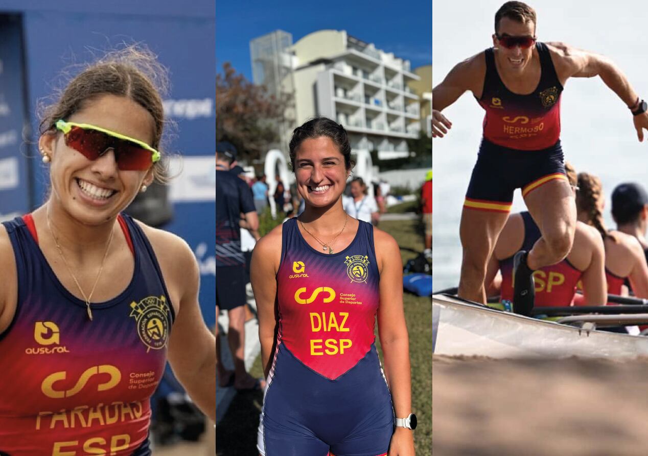 Los remeros del Real Club Mediterráneo Pablo Hermoso, Marta Paradas y Teresa Díaz, participantes en el Campeonato del Mundo de Beach Sprint disputado en Turquía
