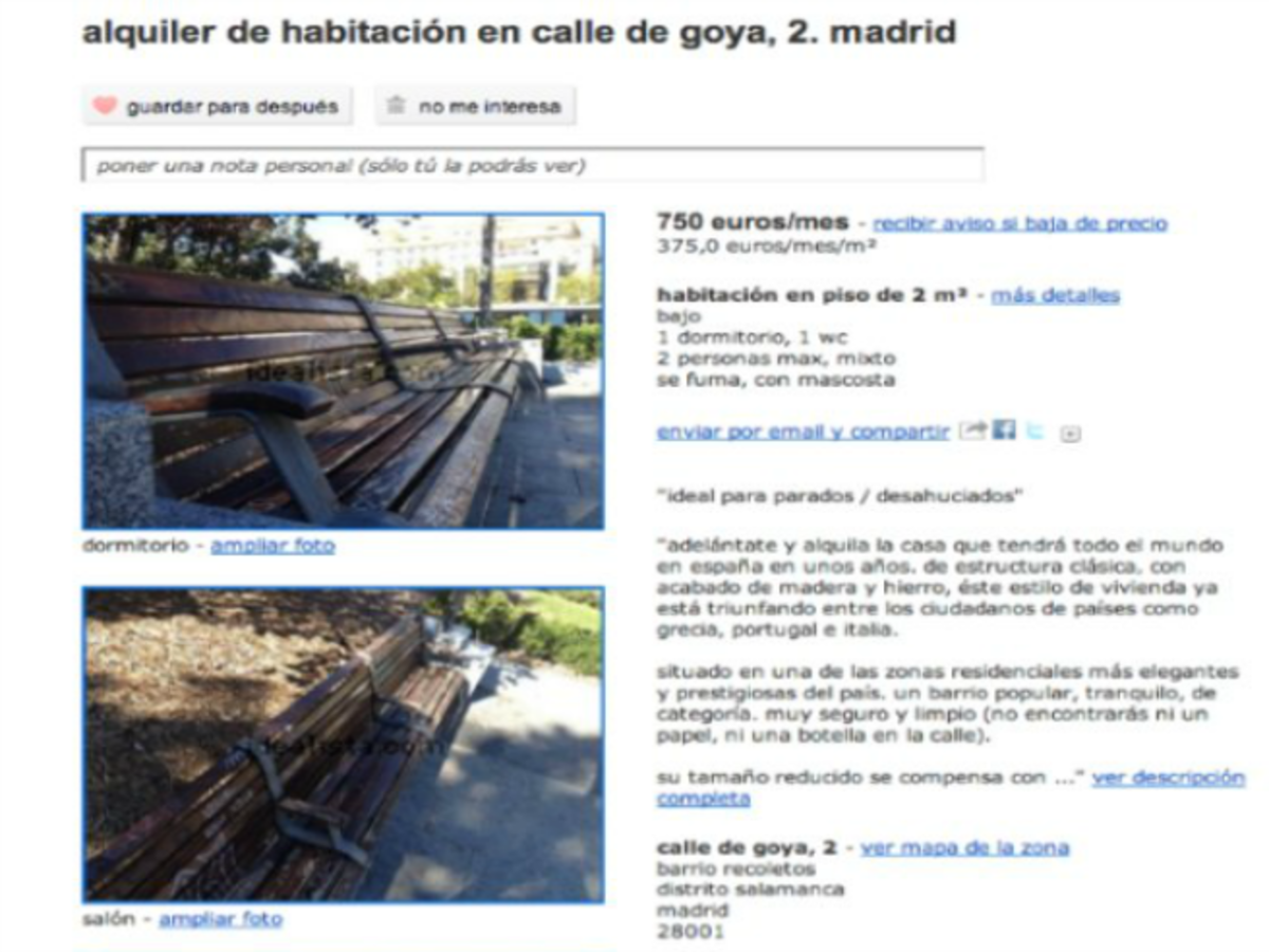 El anuncio protesta que alquilaba un banco por 750 euros