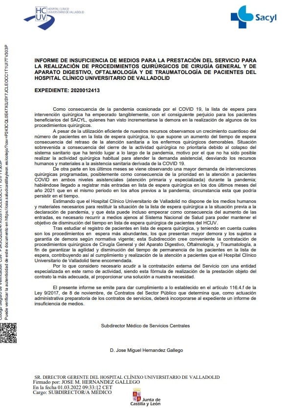 Informe del Sacyl que justifica la privatización de las intervenciones quirúrgicas en el Clínico de Valladolid