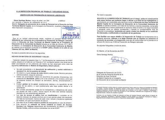 Denuncia ante la Inspección de Trabajo presentada por Comisiones Obreras