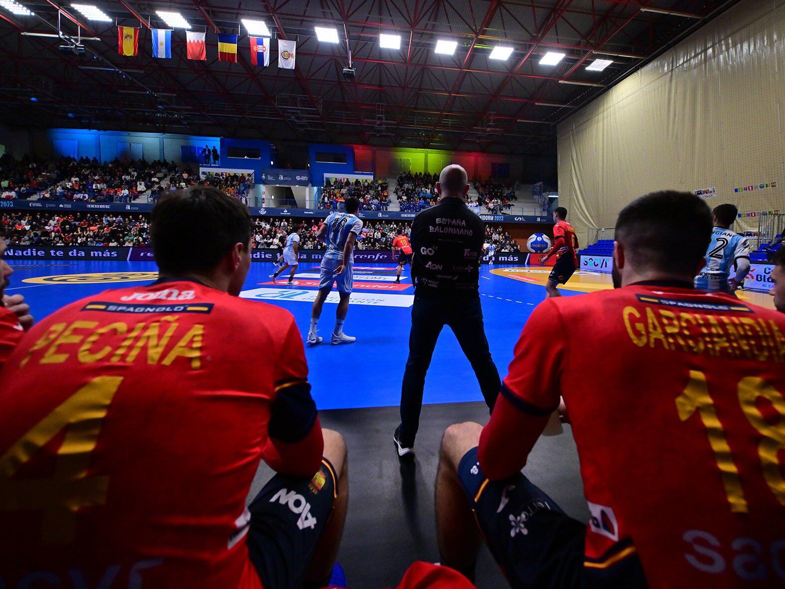 Iñaki Peciña e Imanol Garciandía en el banquillo de España en el partido ante Argentina de preparación del Mundial de Polonia y Suecia.