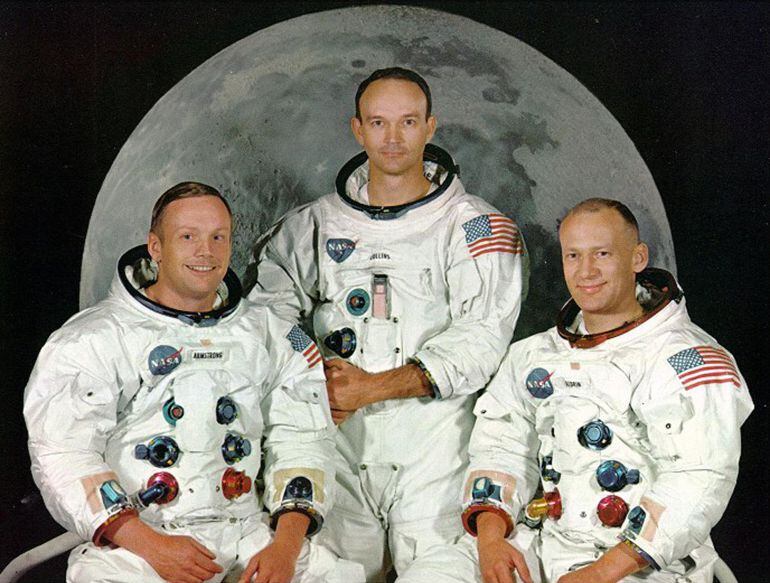 los astronautas del apollo 11, Neil Armstrong, Michael Collin y Edward Buzz Aldrin, en la mision que les llevó a la luna