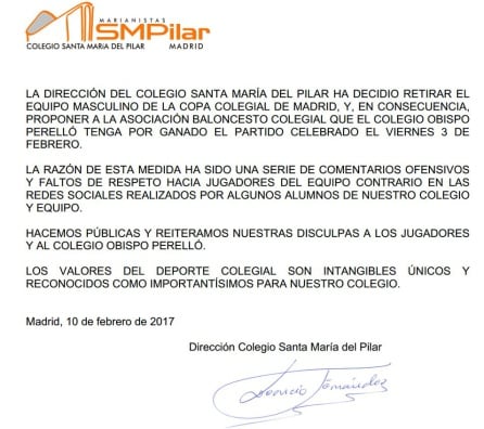 Imagen de la carta oficial del Colegio Santa María del Pilar en la que renuncia a competir en la Copa Colegial de Madrid.