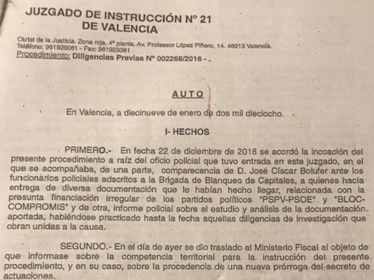 Auto referente a la investigación a PSPV y Bloc