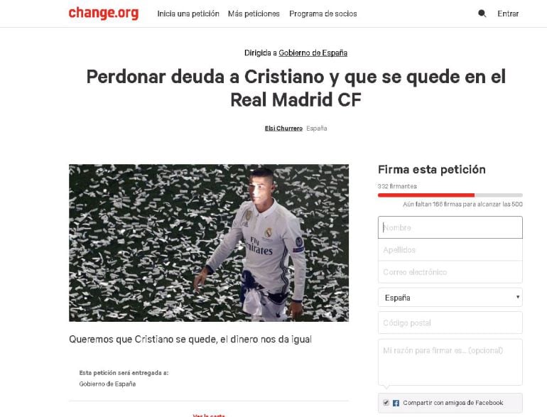 Petición para perdonar la deuda a CR7 de Change.org.