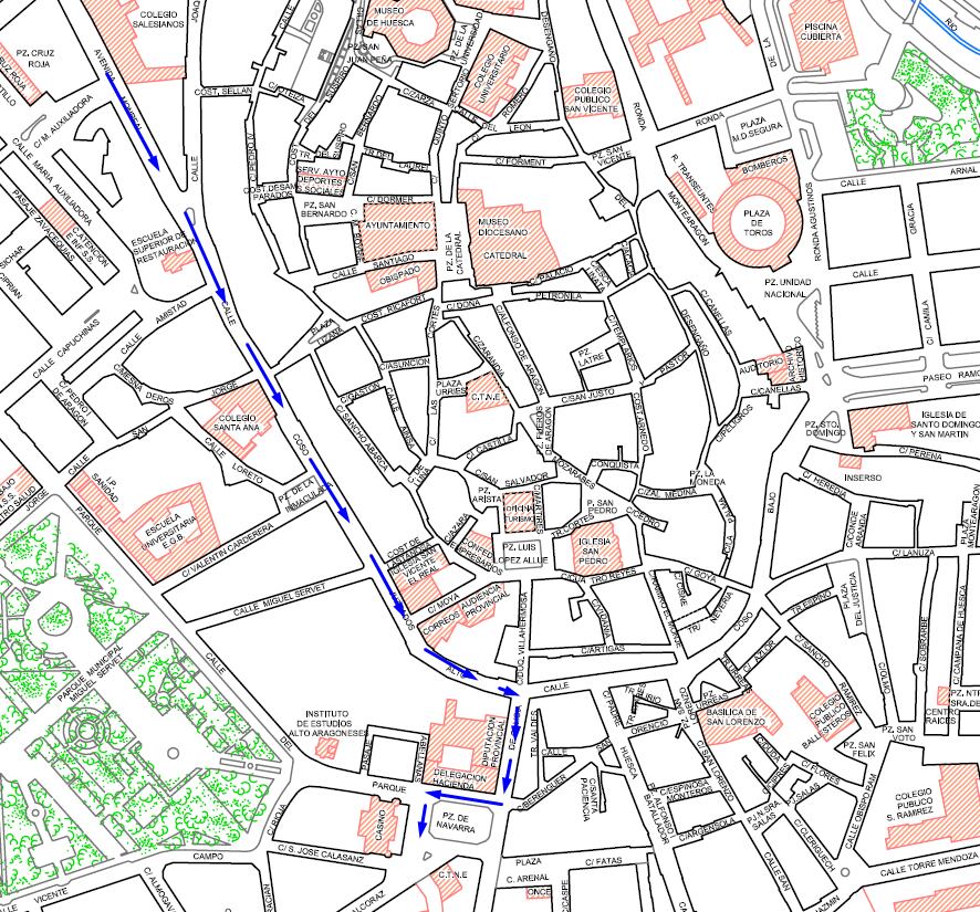 Plano con el recorrido de la cabalgata de carnaval en Huesca