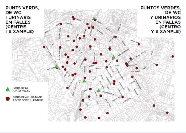 Mapa de urinarios y puntos verdes de las Fallas 2020