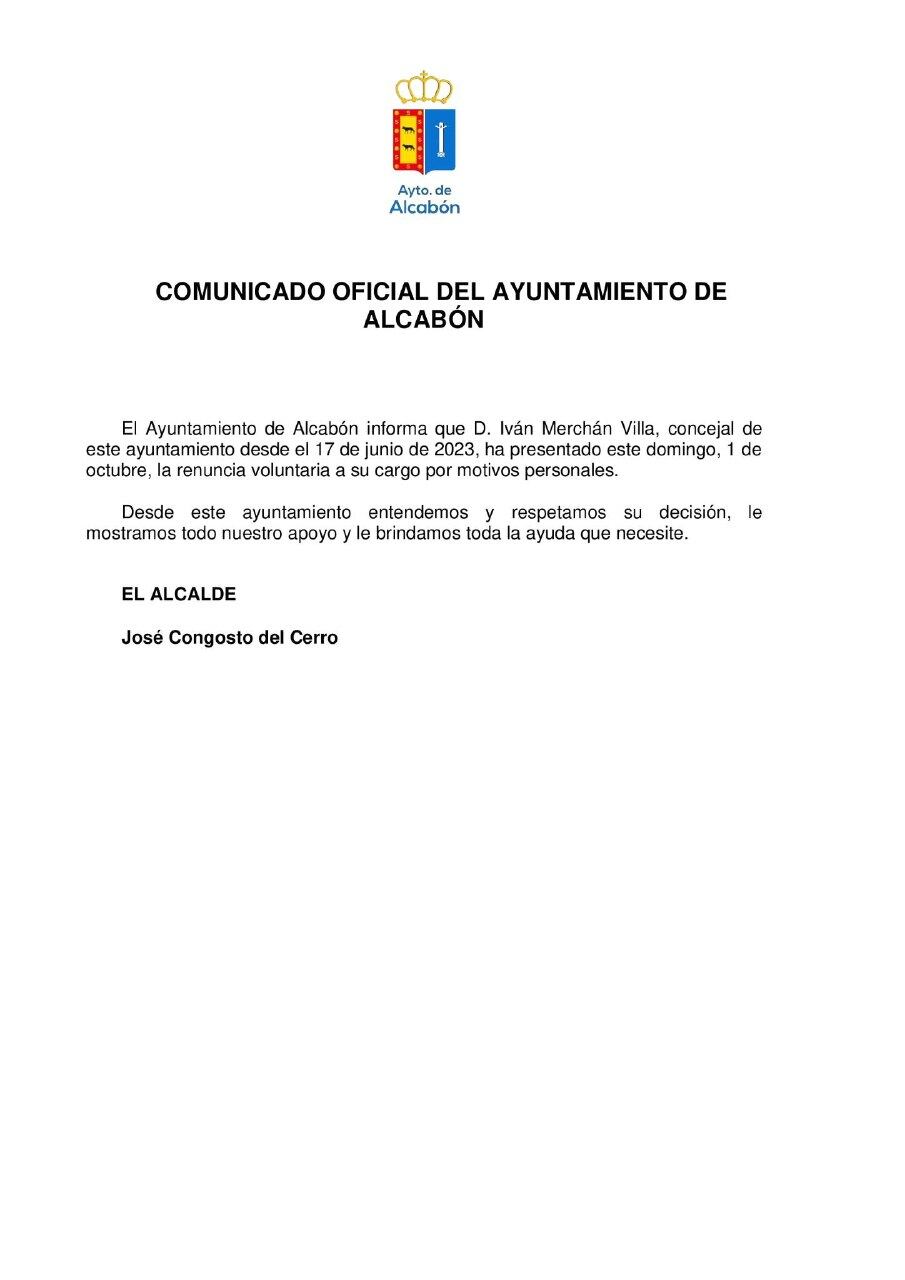 Comunicado del Ayuntamiento de Alcabón (Toledo) en el que anuncia la renuncia de uno de los concejales del PP