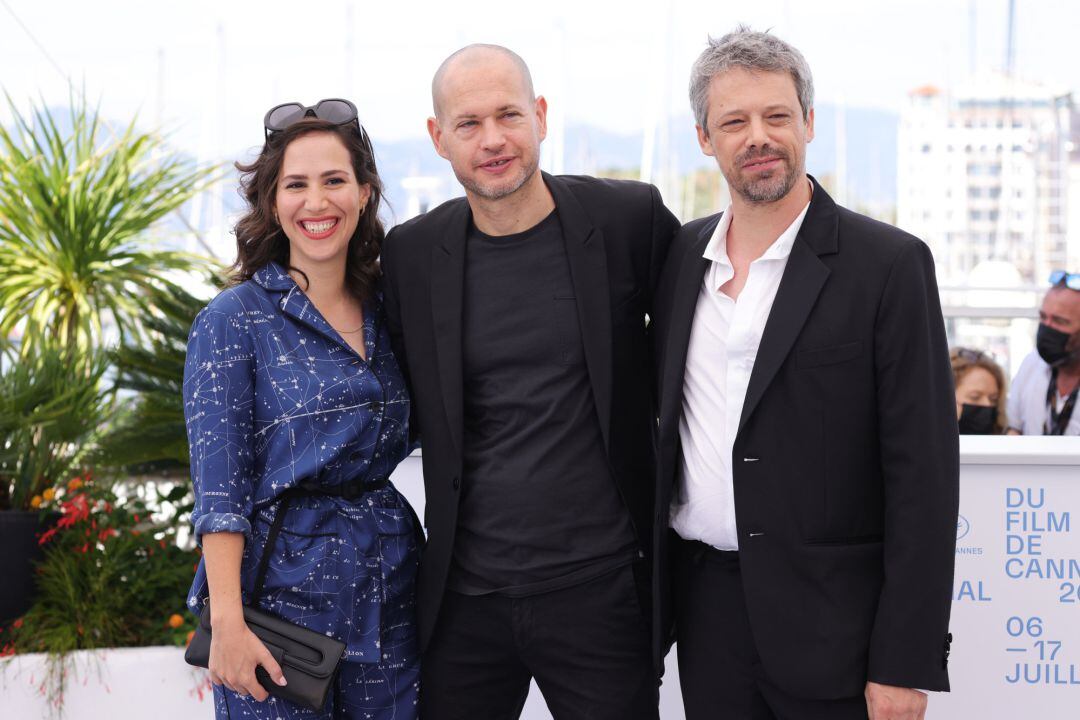 CANNES, FRANCE - JULY 08: (L to R) Nur Fibak, Director Nadav Lapid and Avshalom Pollack attend the &quot;Ha&#039;Berech&quot; photocall during the 74th annual Cannes Film Festival on July 08, 2021 in Cannes, France