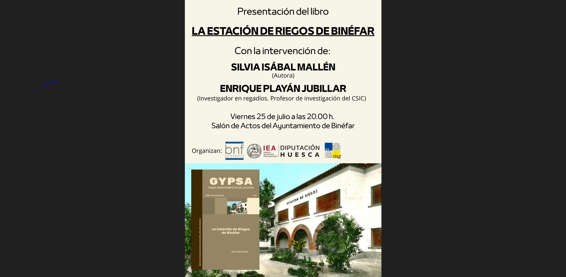 Cartel presentación &quot;Estación de riegos de Binéfar&quot;, de Silvia Isabal
