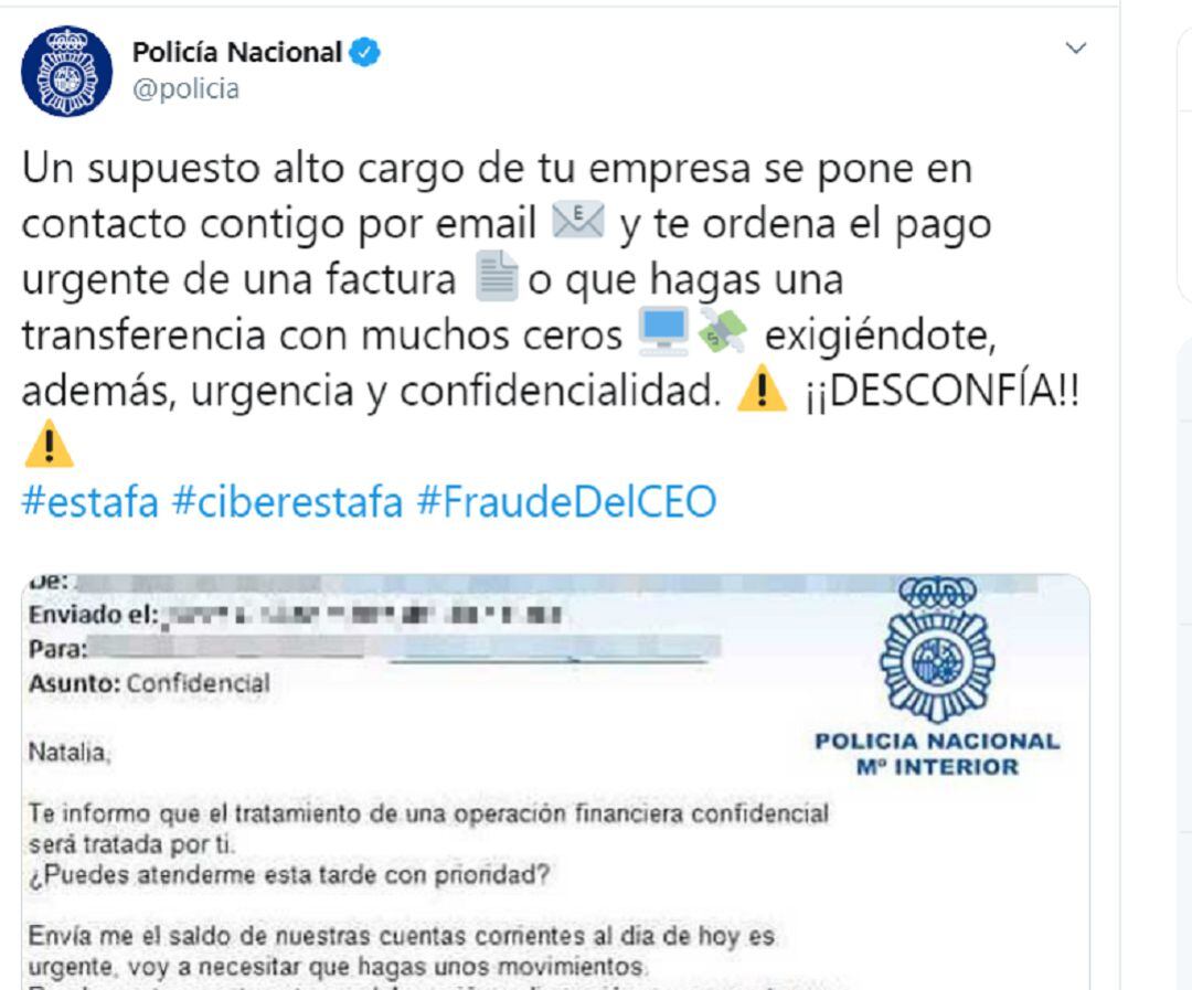 Tuit de la Policía Nacional sobre fraudeDelCEO