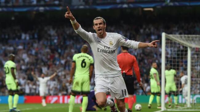 Bale celebra el único tanto del Real Madrid ante el City en 2016