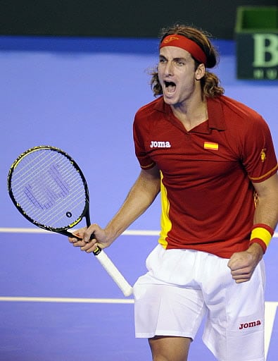 Feliciano López celebra uno de los puntos de su partido ante Del Potro