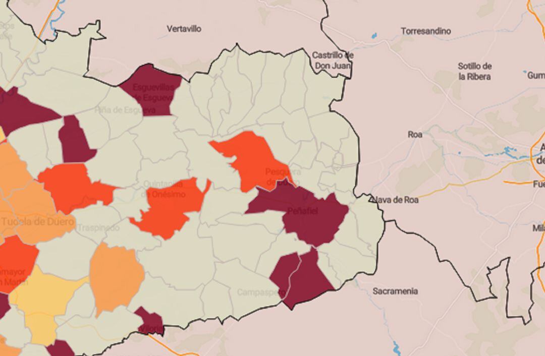 Mapa de la incidencia acumulada de contagios en Peñafiel y comarca este martes.