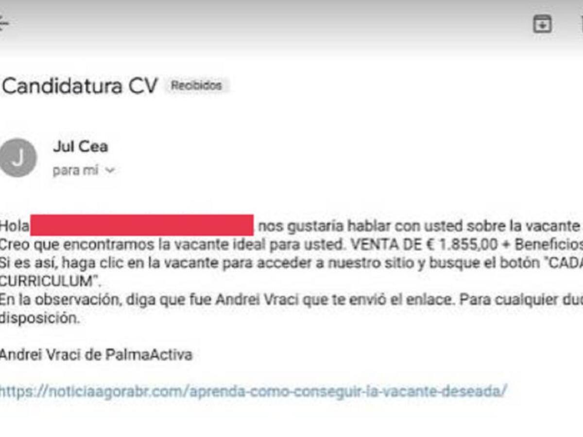 Palma Activa detecta una falsa oferta de trabajo que circulaba a través de correo electrónico
