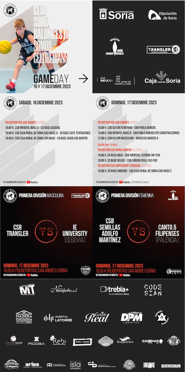 Cartel con los partidos del fin de semana del Club Soria Baloncesto.
