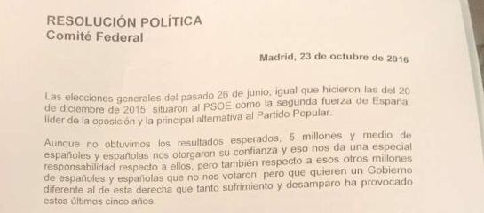 La resolución presentada por Prieto defiende el no a Rajoy.