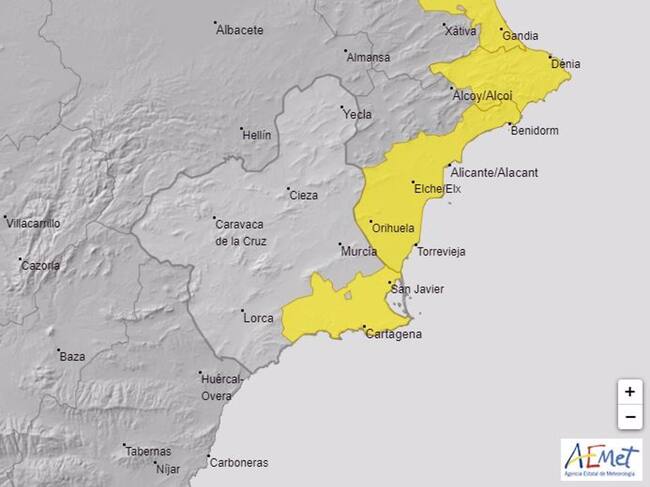 Imagen del mapa de avisos en vigor para el jueves