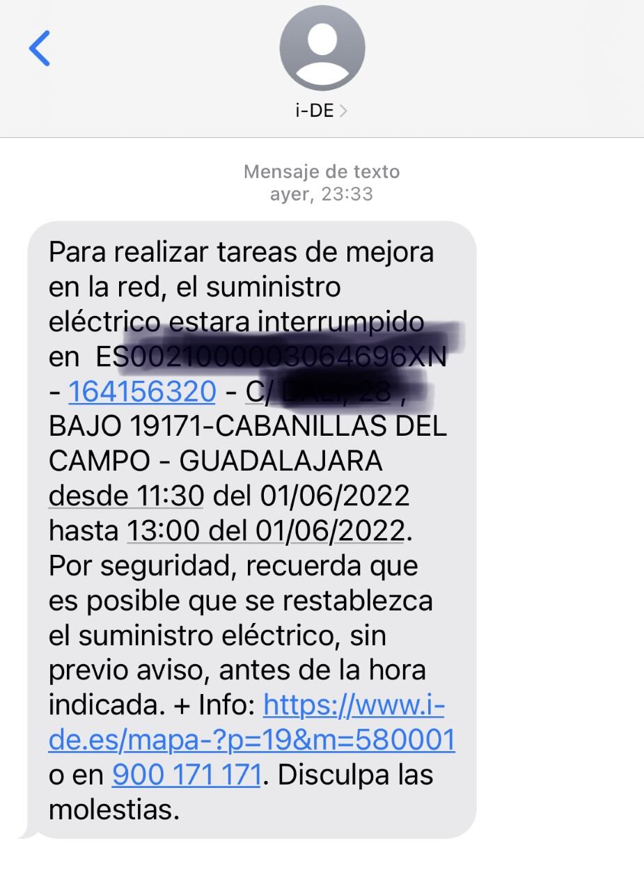 Mensaje SMS de la empresa de distribución eléctrica de Iberdrola