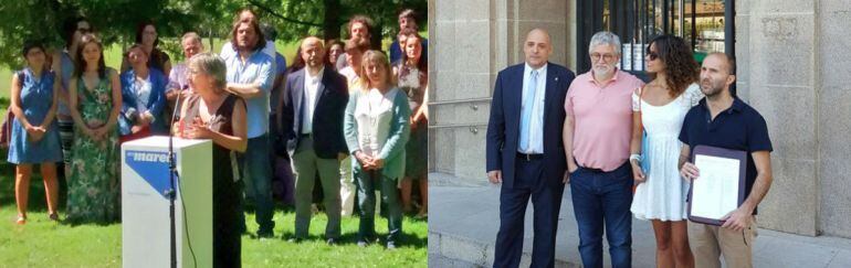 A la izquierda, Anxeles Cuña (En Marea); a la derecha, Miguel Caride (DO) con miembros de la candidatura