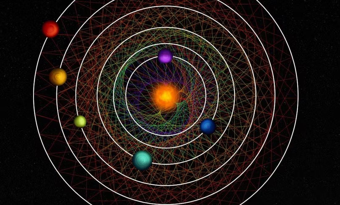 Esta ilustración representa los seis planetas del sistema HD110067, que crean juntos un fascinante patrón geométrico.