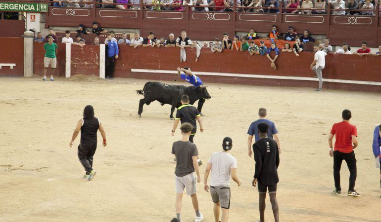 Un joven recortando un astado en la plaza de toros