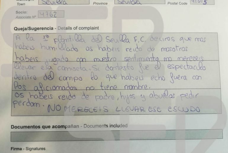 Reclamación del socio del Sevilla a su equipo 