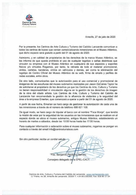 Carta enviada por el consejero de los CACT a los centros de buceo.