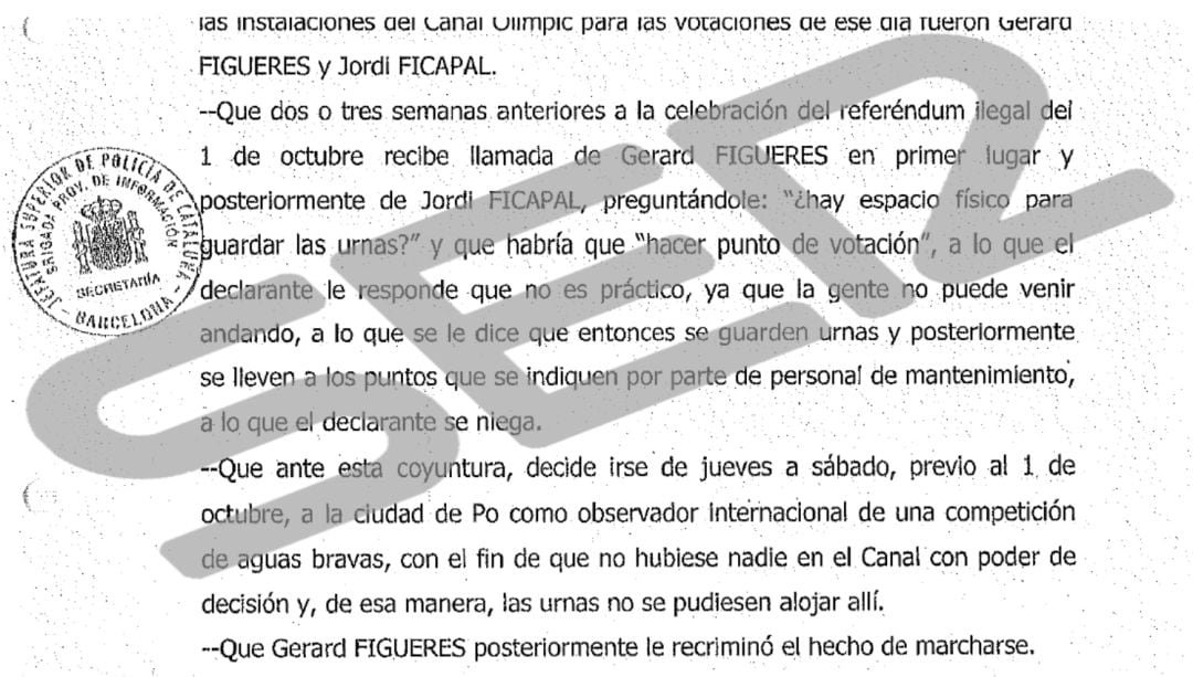 Imagen del documento la que ha tenido acceso la SER en la que se recogen las llamadas de Figueres y Ficapal preguntando al técnico su hay espacio para guardar las urnas del 1-O en el Canal Olimpic.