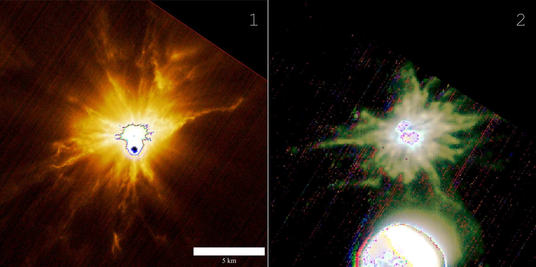 Imagen 1: Algunos rasgos morfológicos medidos en el asteroide Dimorphos 118 segundos después del impacto. 
Imagen 2: Los flujos de polvo alrededor de Dimorphos (arriba). Abajo, el asteroide compañero Didymos.