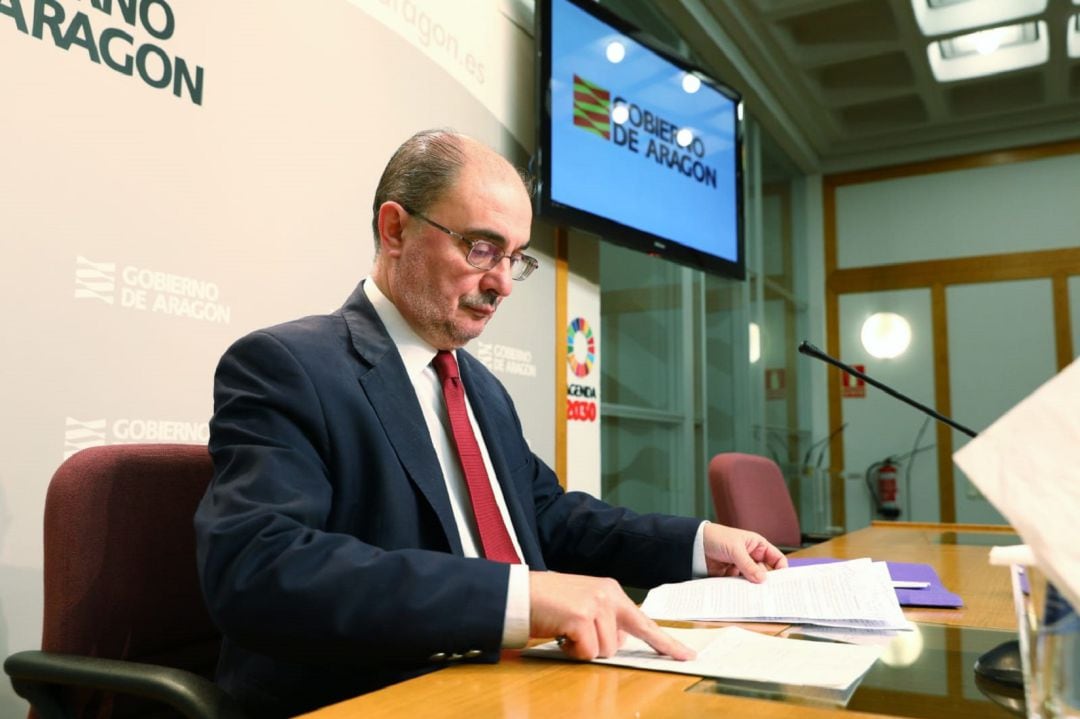 Javier Lambán, durante su comparecencia este domingo