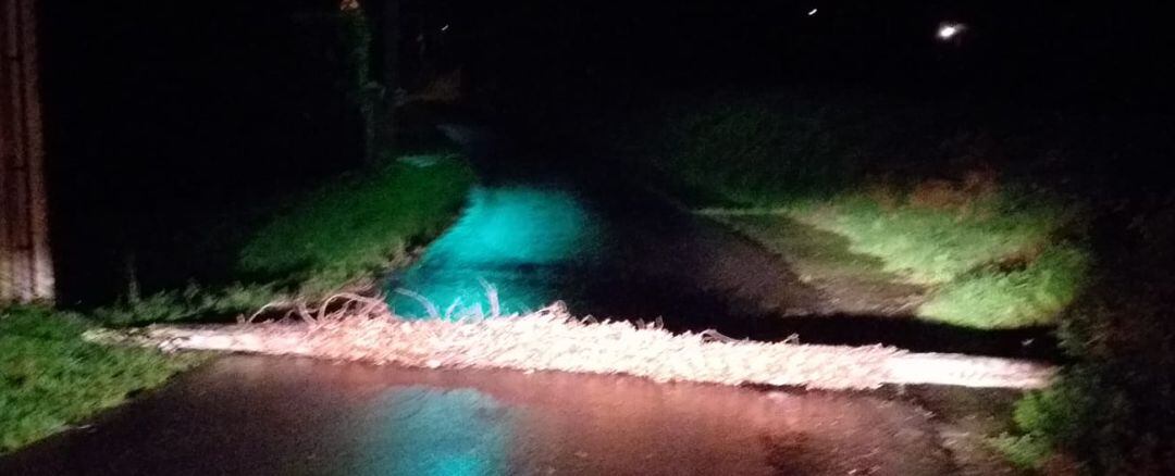 Poste de la luz caído en la Carretera do Moruxo en Bergondo
