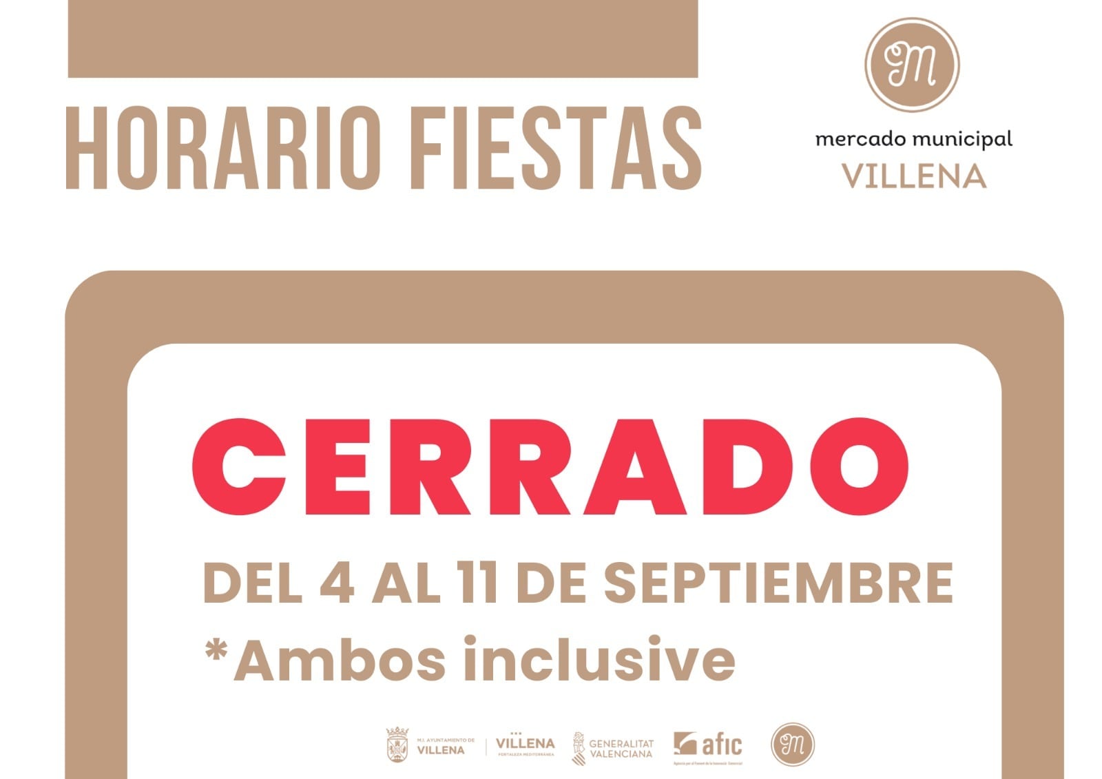 Cartel del horario comercial en fiestas