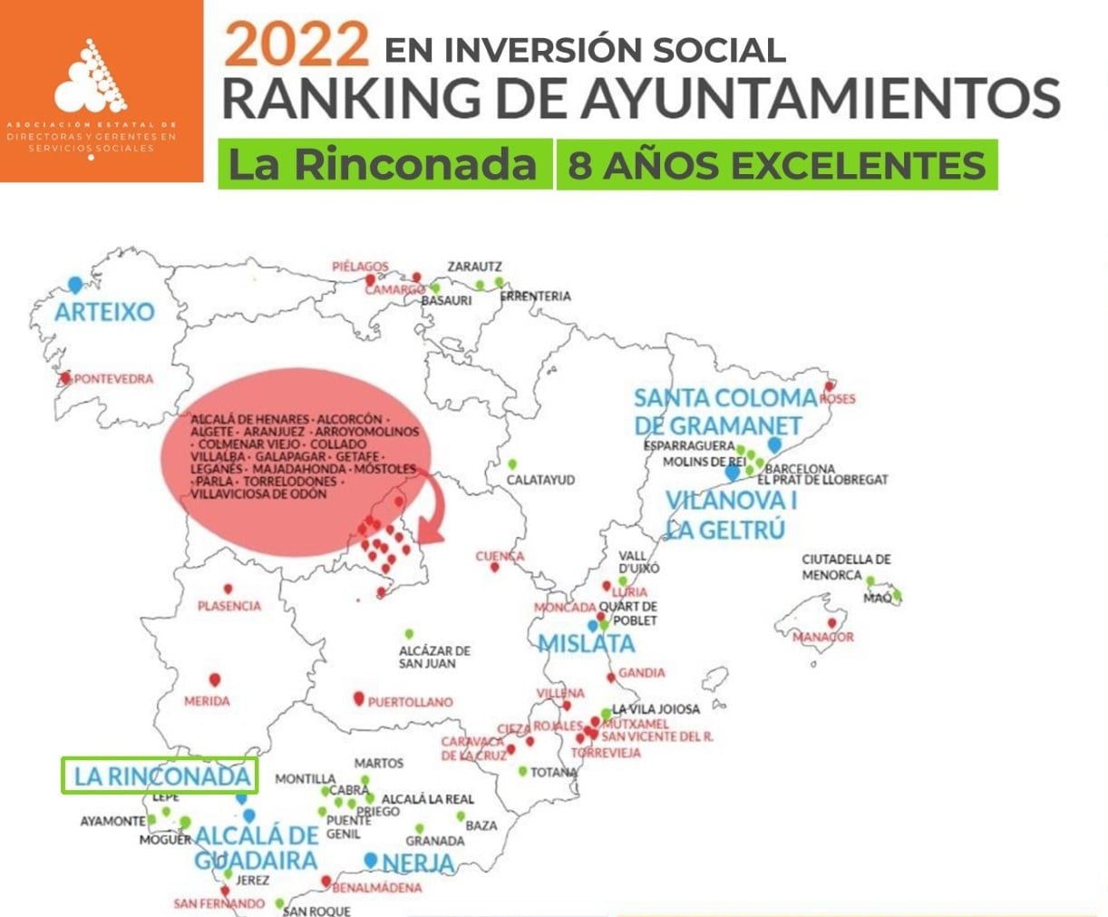 La Rinconada, ocho años seguidos, municipio ‘Excelente’ de España en inversión social