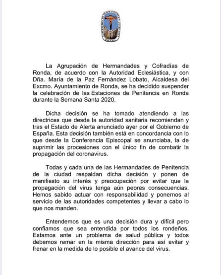 Comunicado oficial que ha hecho público el colectivo cofrade de Ronda