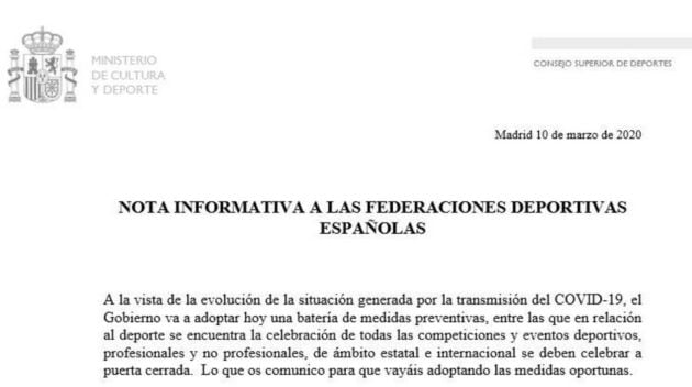 Nota del Consejo Superior de Deportes a las Federaciones deportivas